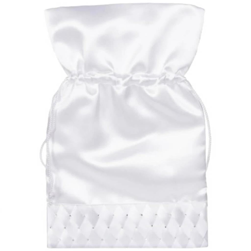 Satin Bridal Drawstring Bag White with Rhinestones 7 x 10 inches 