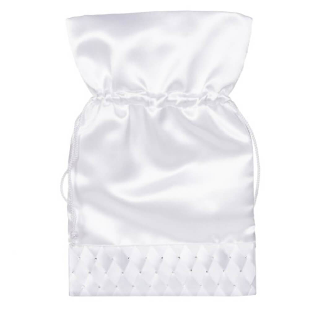 Satin Bridal Drawstring Bag White with Rhinestones 7 x 10 inches