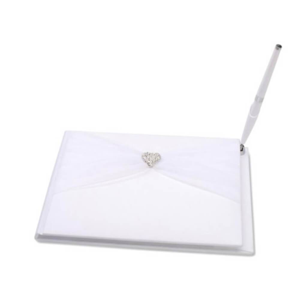 Guest Book White with Tulle & Rhinestone Heart