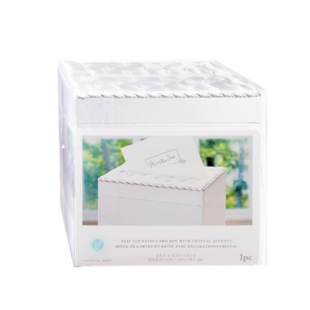 Satin Flip Top Wedding Card Box with Crystals White 