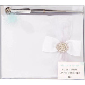 Wedding Guest Book Set: White Book w/Accent Bow and Pen 
