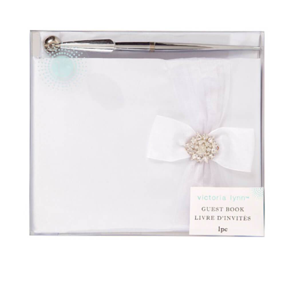 Wedding Guest Book Set: White Book w/Accent Bow and Pen 