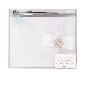 Wedding Guest Book Set: White Book w/Accent Bow and Pen