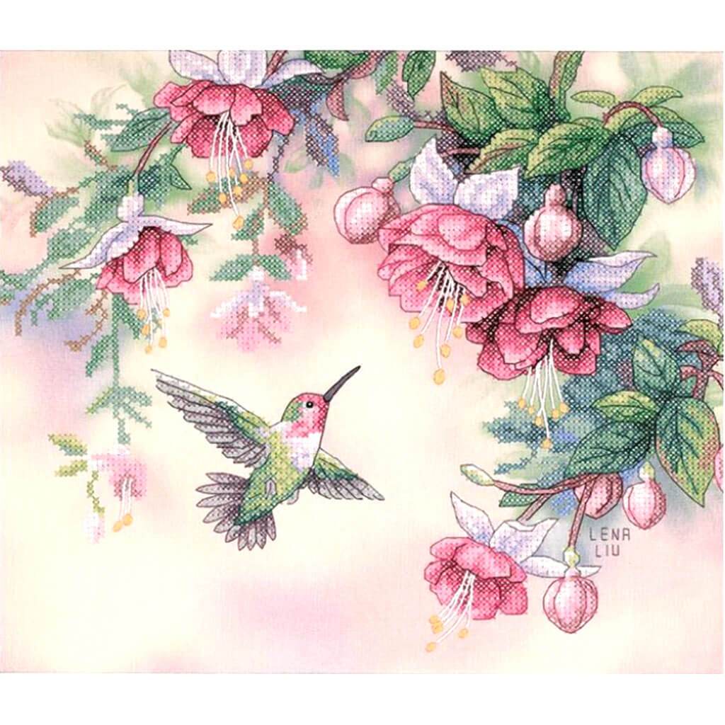 Hummingbird &amp; Fuchsias Pink Flowers Cross Stitch Kit