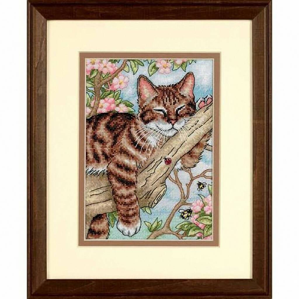 Napping Kitten Gold Petite Counted Cross Stitch Kit 5in x 7in