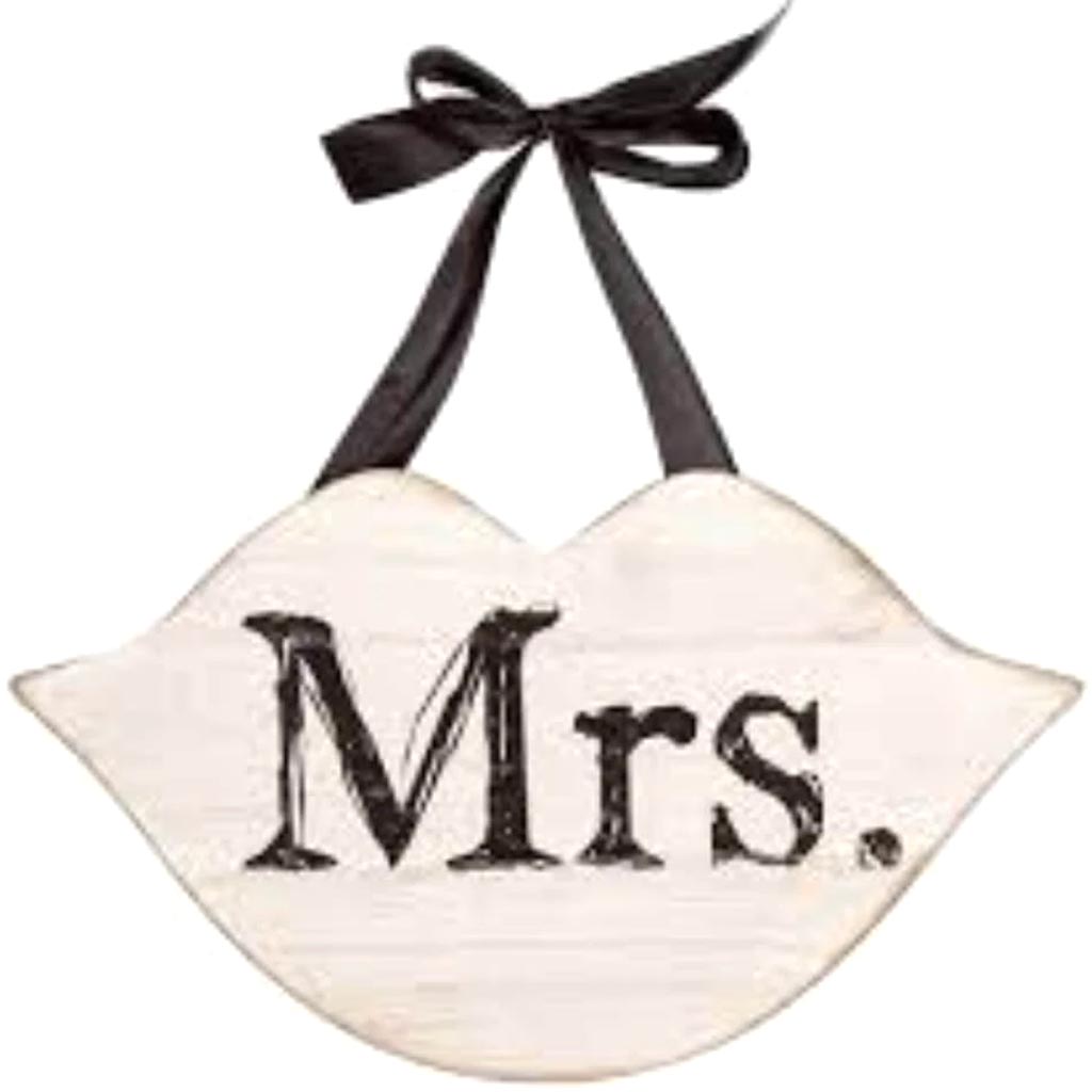 Mrs. Wall Plaque with Ribbon Hanger MDF Lips White 13.25 x 7.5 inches