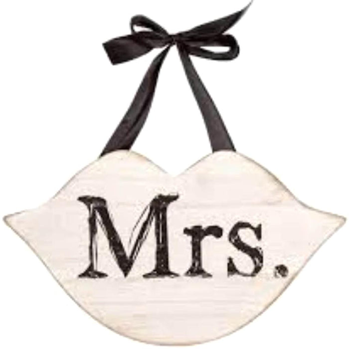 Mrs. Wall Plaque with Ribbon Hanger MDF Lips White 13.25 x 7.5 inches