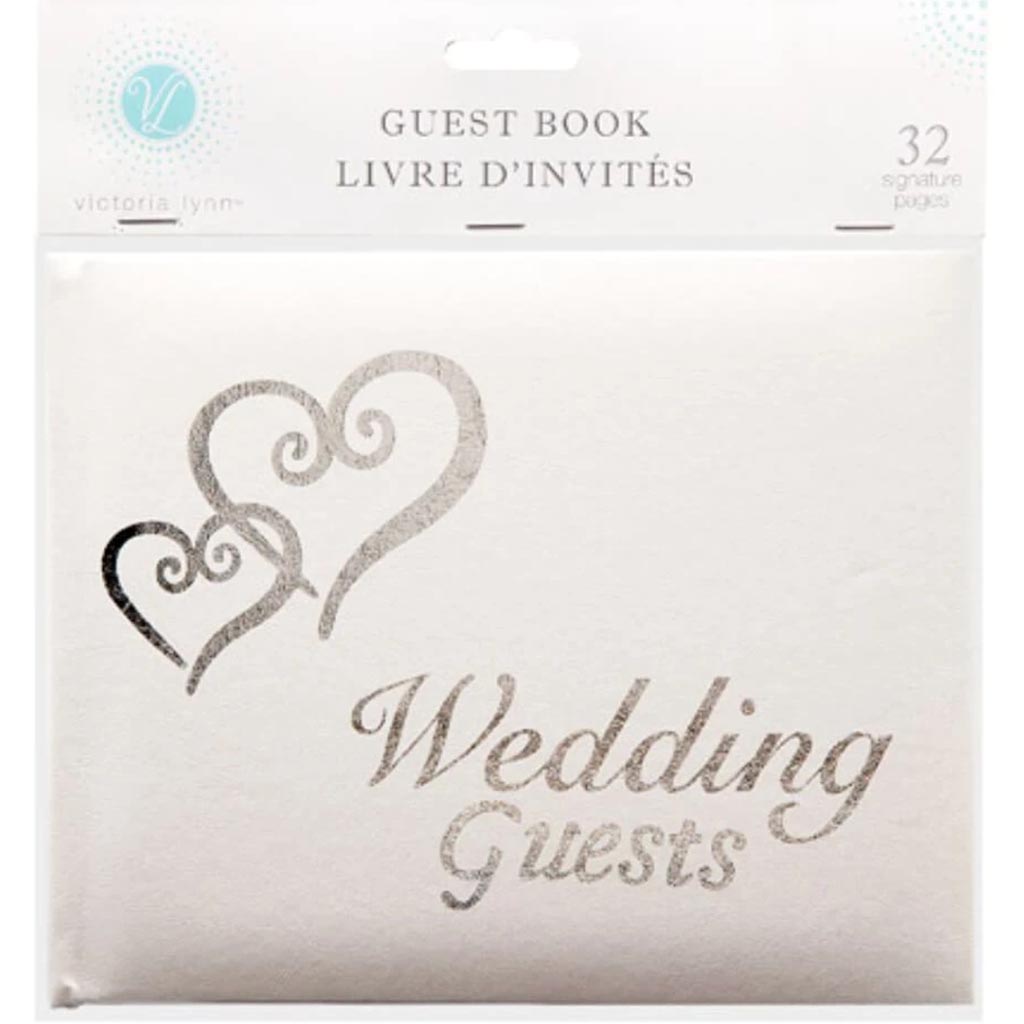 Guest Book Silver Lettering and Hearts White 