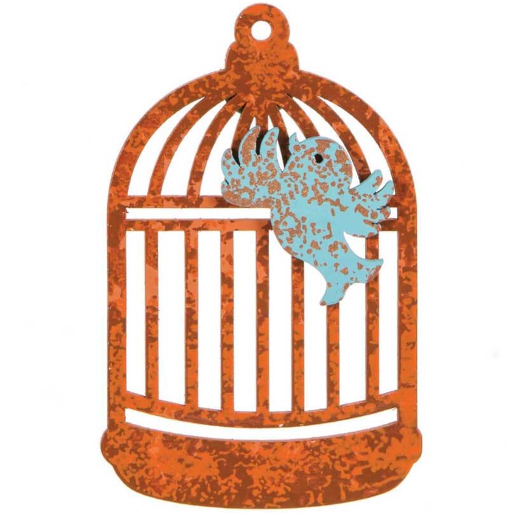 PANTED WOOD SHAPE BIRDCAGE W/ BIRD RUSTED 