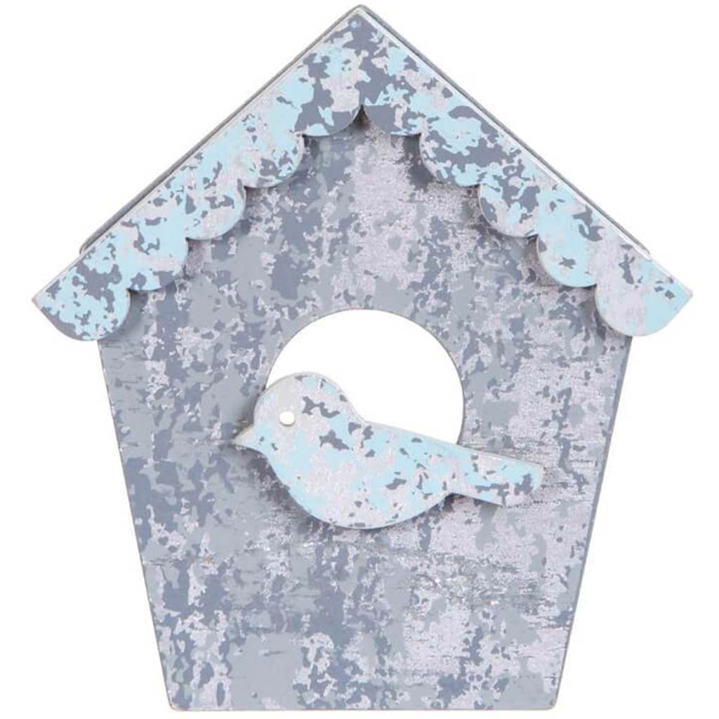 PANTED WOOD SHAPE BIRDHOUSE GLAVANIZED LOOK 