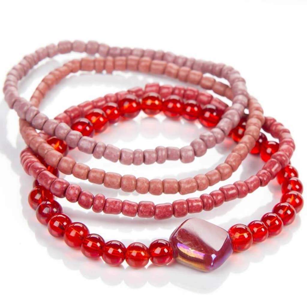 BRACELET GLASS RED 7.5IN 4PC 