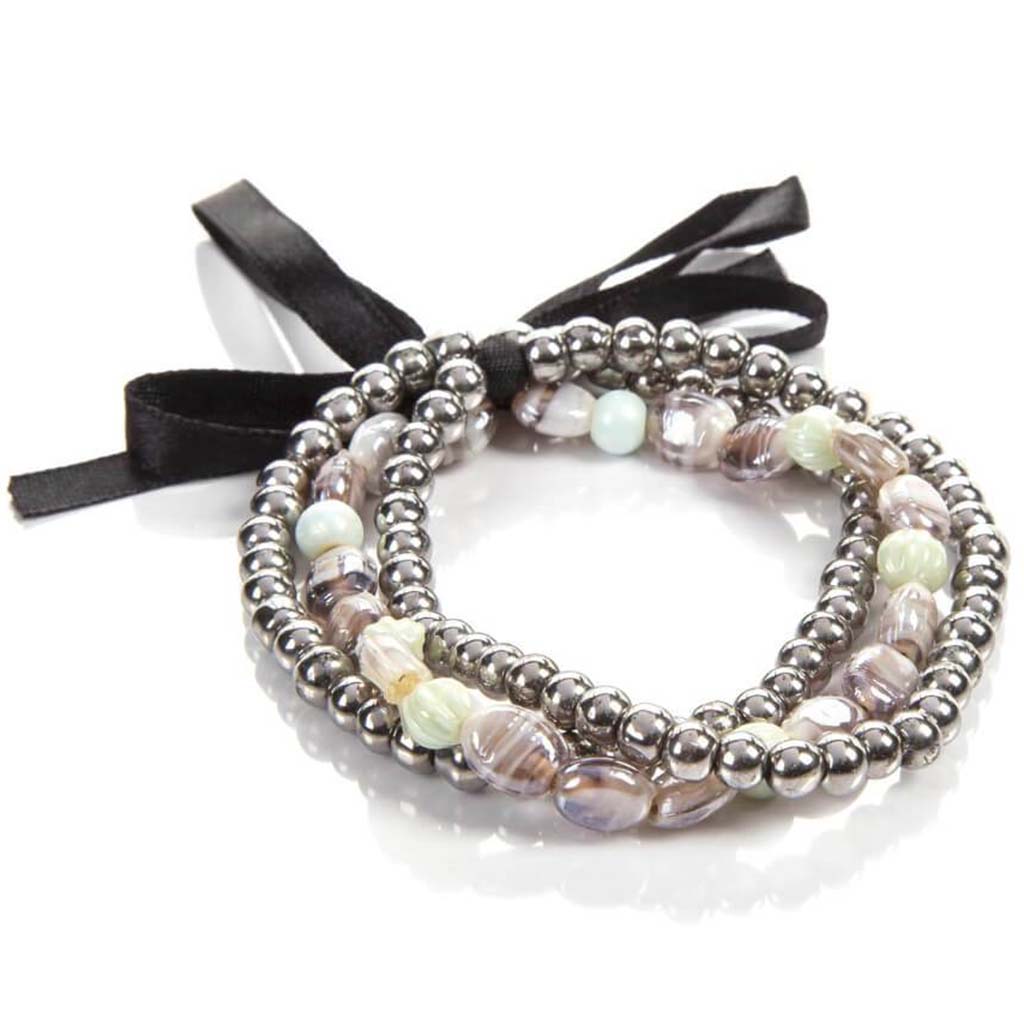 BRACELET GLASS SILVER/GRAY W/ BOW 3PCS 7.5IN 