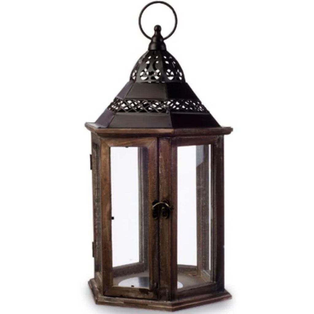 DECORative Wood Lantern with Iron Top: Black/Brown 9.26 x 8.08 inches 