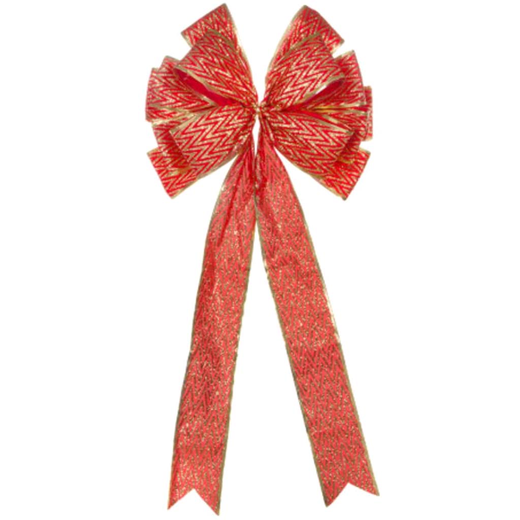 Red Satin Bow Tree Topper with Gold Chevrons 