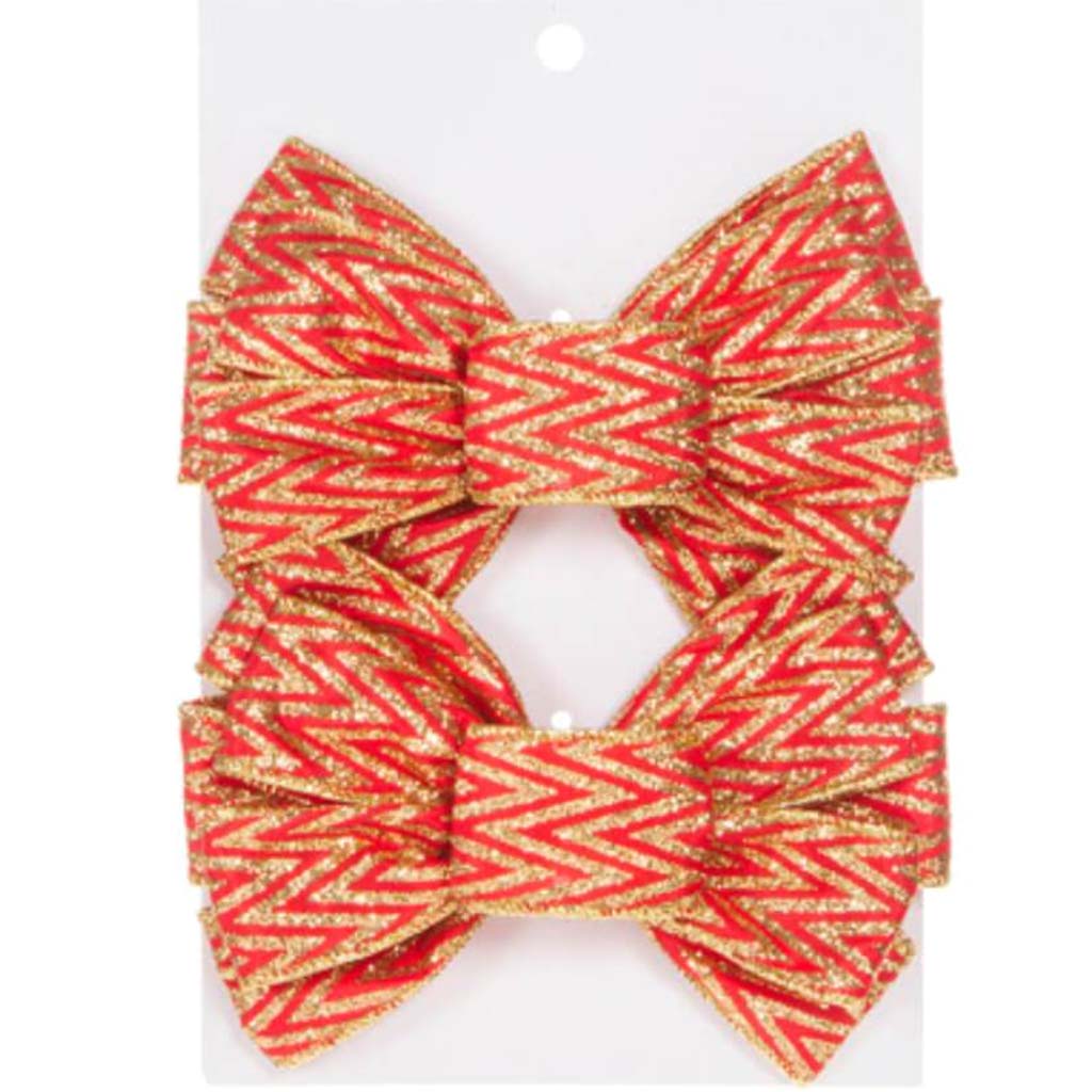 Red &amp; Gold Satin Chevron Bow 2 pcs 