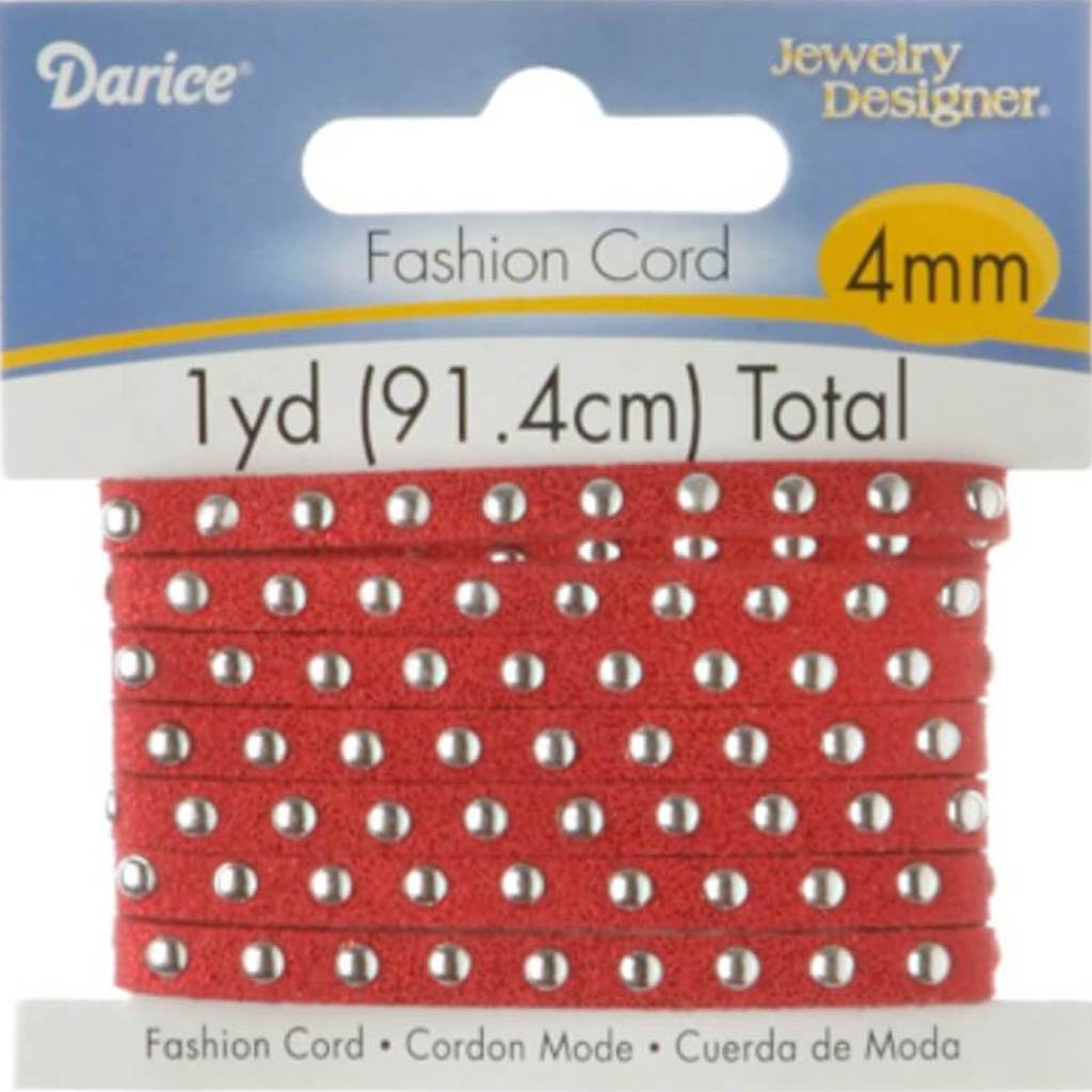 Suede Cord Studded Metallic Hot Red and Silver 1 yard 