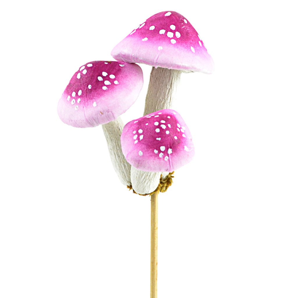 Foam Mushroom Magenta W/Moss On Stick 8.5in 