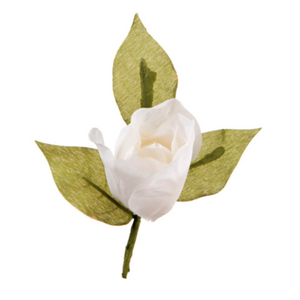 David Tutera™ Artificial Wedding Boutonniere: White Rose w/Green Leaves 