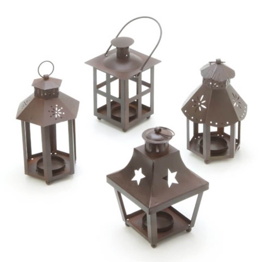 LANTERN TIN METAL WITH HANGER RUSTIC ASSORTED 6IN 