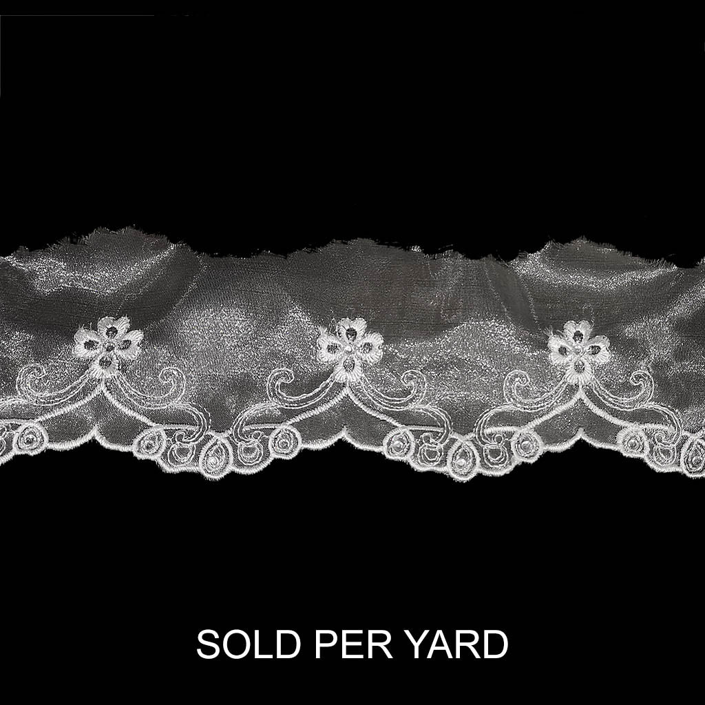 Metallic Embroidered Edge Bridal Organza Trim 3-7 White/Silver