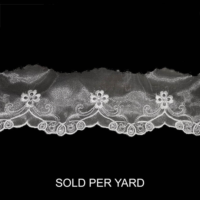 Metallic Embroidered Edge Bridal Organza Trim 3-7 White/Silver