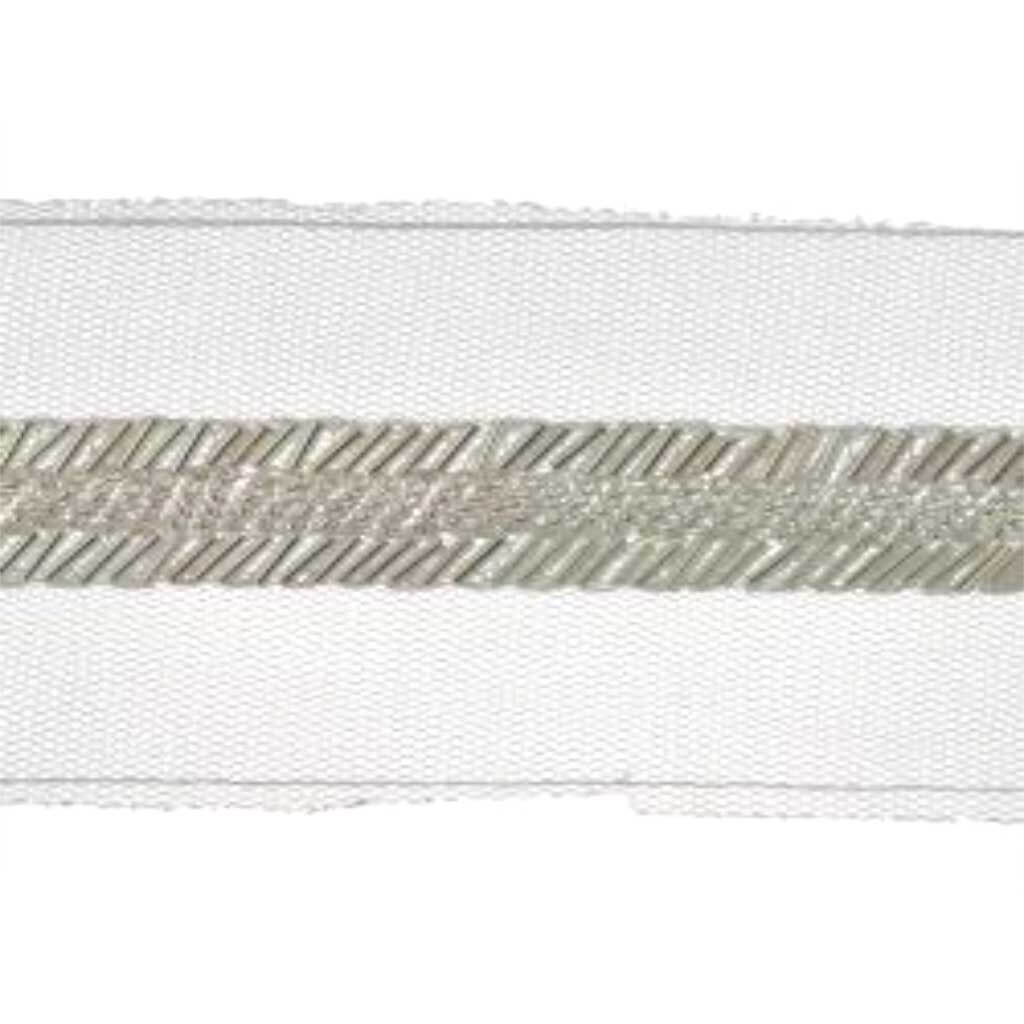 Bugle Beaded Tulle Trim 2-5/8in White/Silver