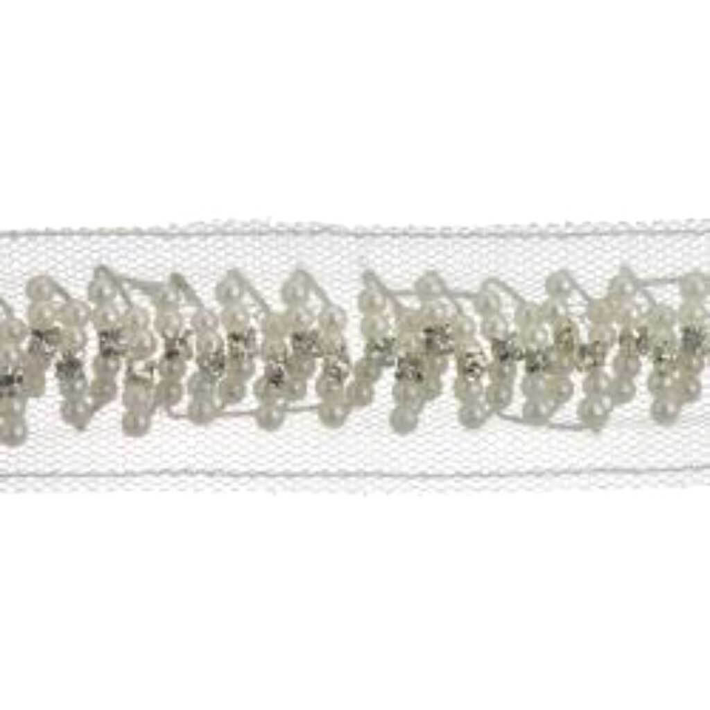 Faux Pearl Beaded Tulle with Rhinestones Trim 1-5/8in White/Silver