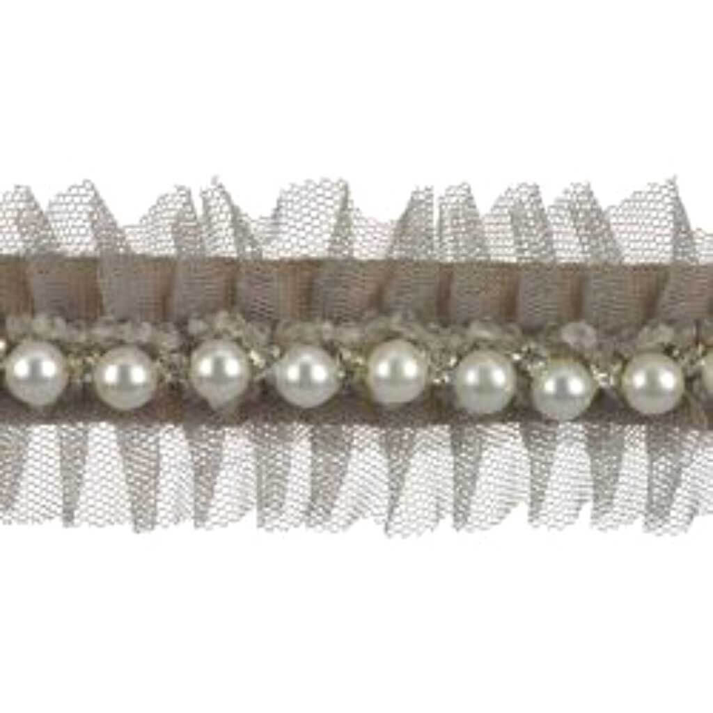Faux Pearls &amp; Rhinestones Pleated Tulle Trim 1-7/ Taupe