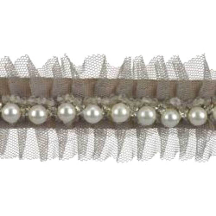 Faux Pearls & Rhinestones Pleated Tulle Trim 1-7/ Taupe