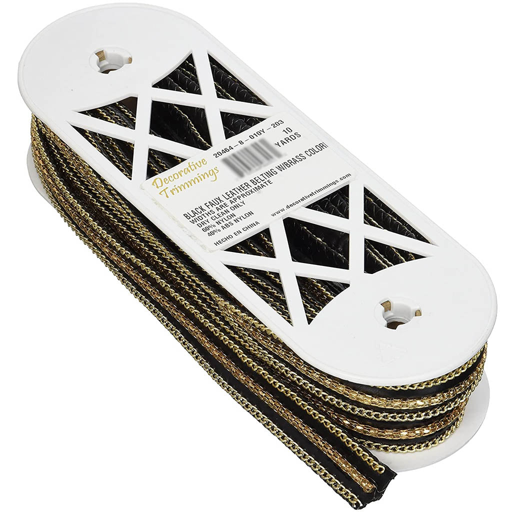 Faux Leather Belting with Brass Colored Chains Trim Black