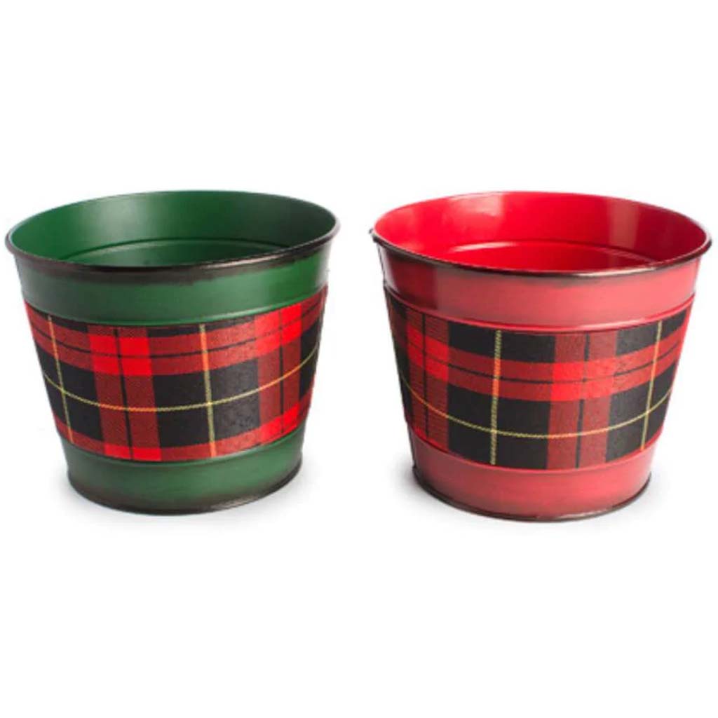 Plaid Christmas Tin Planter 