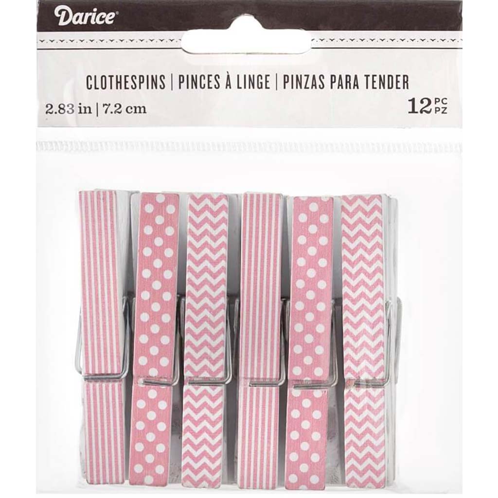 CLOTHESPINS PRINT LG 12 PC PINK 