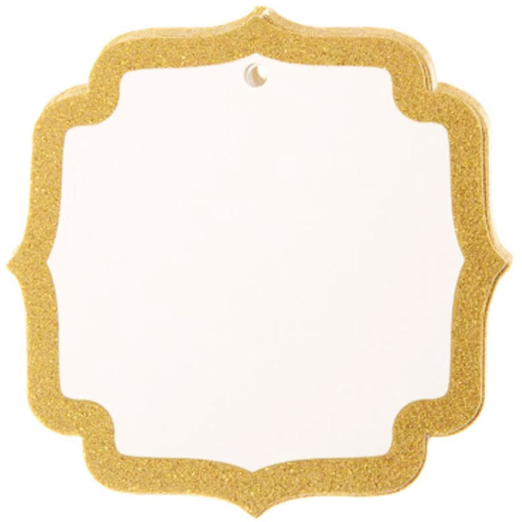 Glitter Gold Bordered Bracket-Shaped Paper Tags: 3 x 3in, 15 pieces