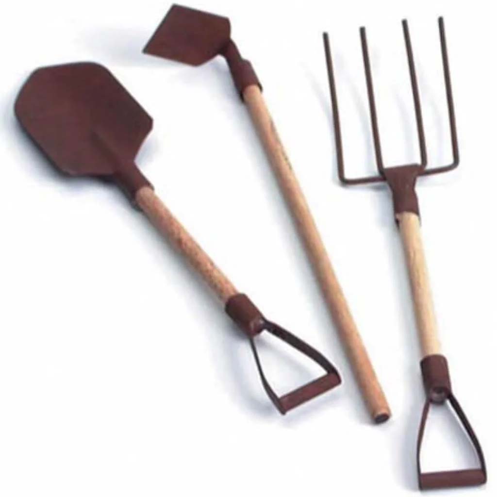 Garden Tools Rusted Spade, Hoe, and Fork 