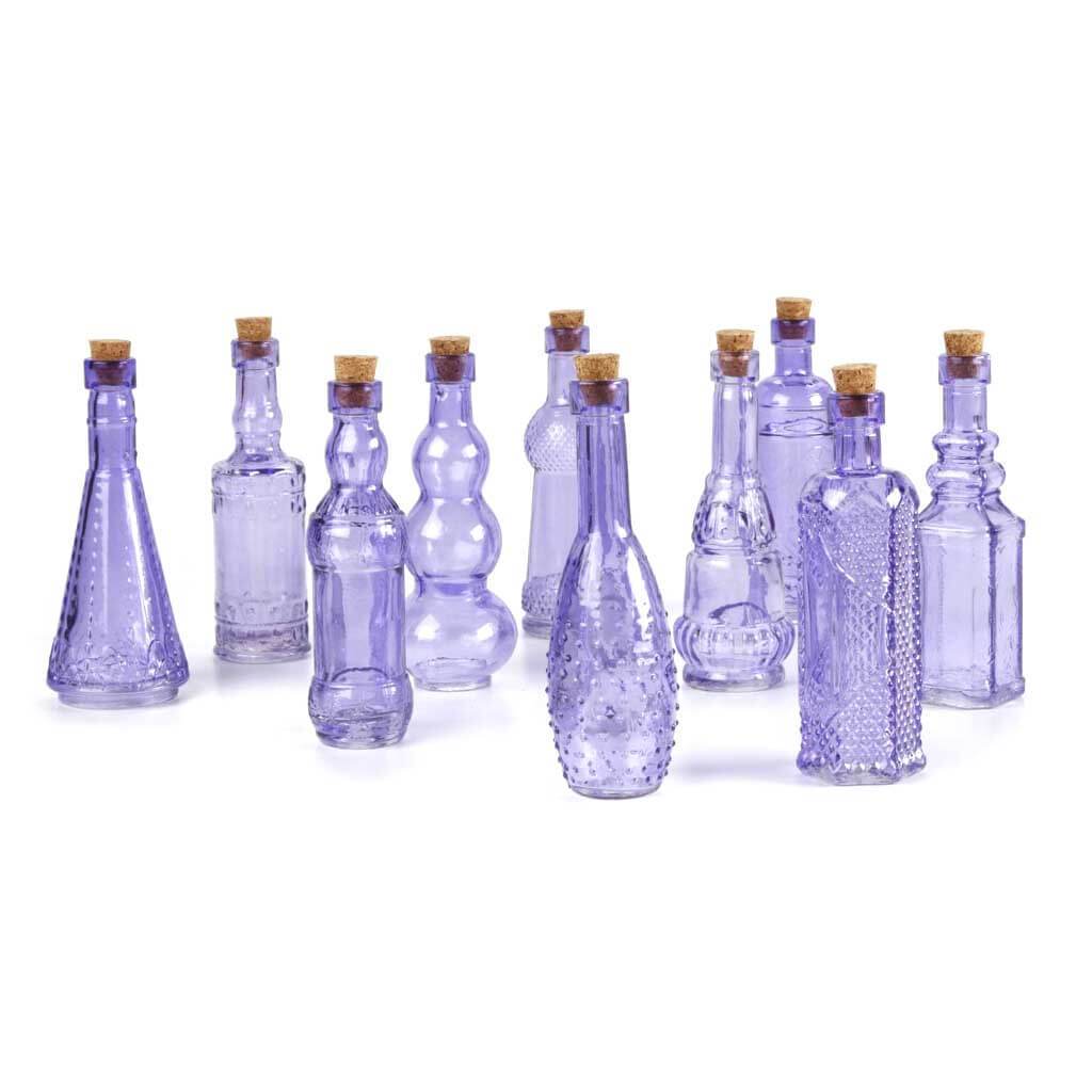 Mini Glass Bottles with Cork Purple Curvy Triang Body Long Neck 5in