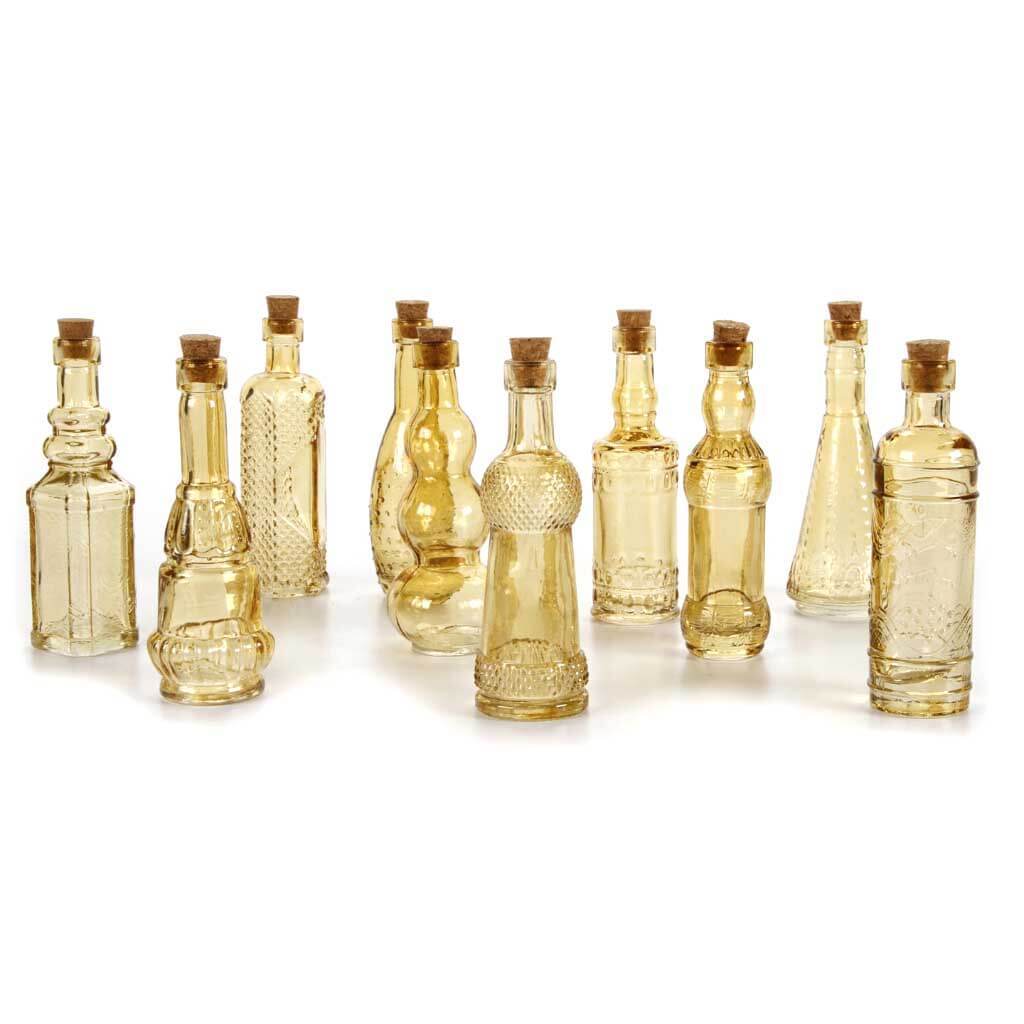 Mini Glass Bottles with Cork Amber Hexagon Bottom 5in