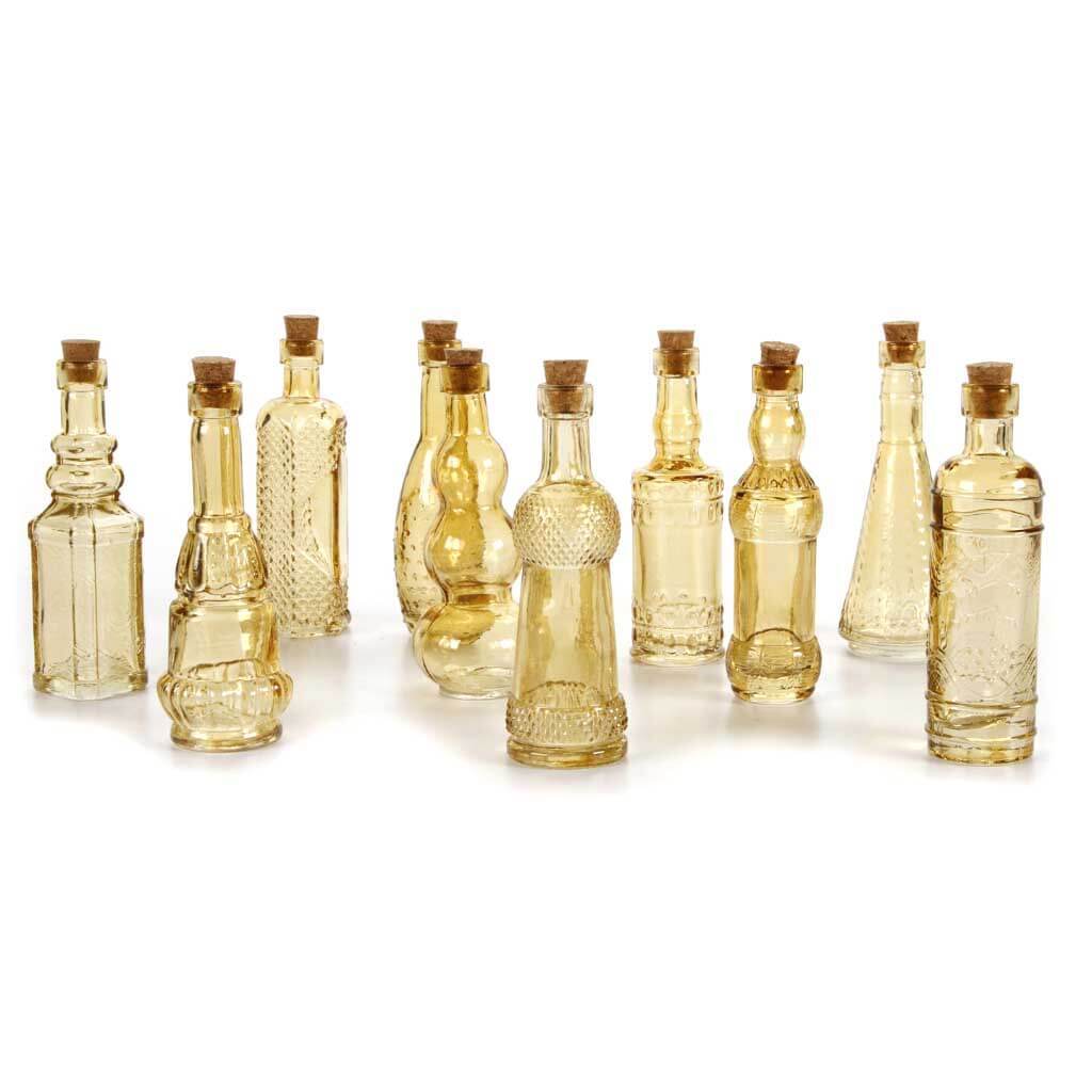 Mini Glass Bottles with Cork Amber Round,Straight No Neck 5in