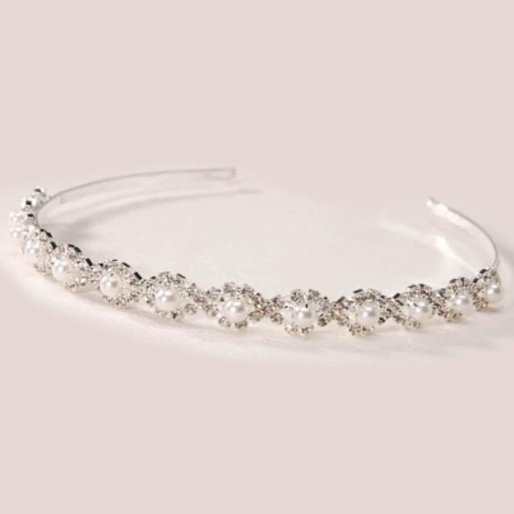 Tiara Headband Silver Rhinestones &amp; Pearls 