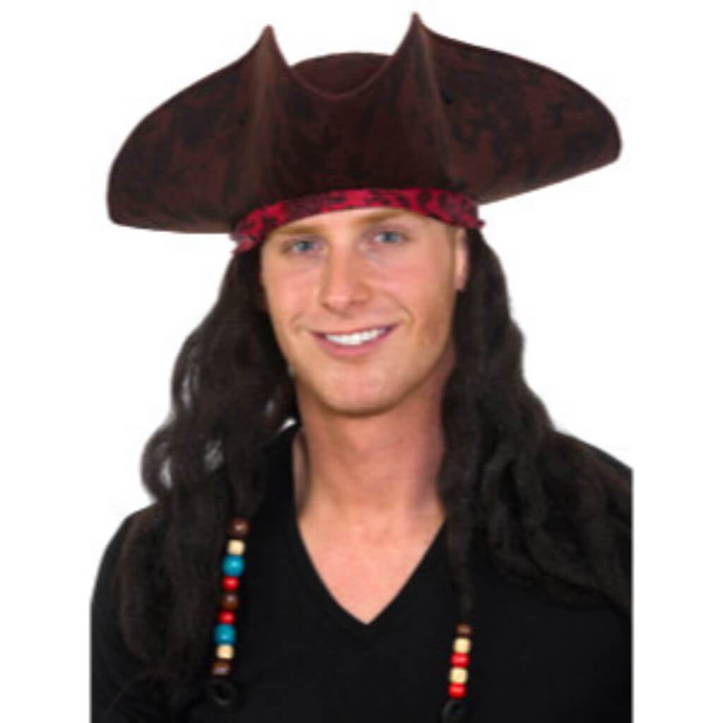 Brown Pirate Hat with Wig &amp; Bandana 