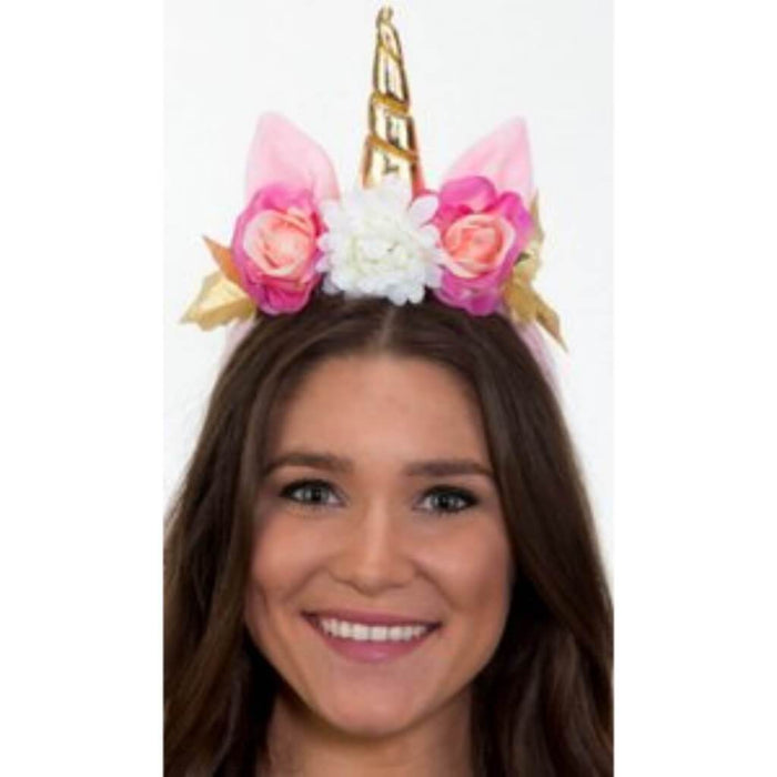Unicorn Headband with Pink & White Flowers 