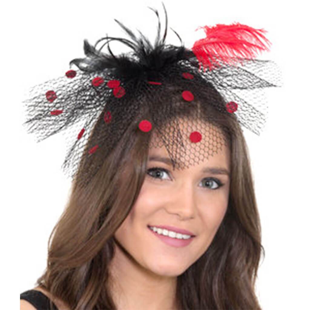 Headband with Black Veil And Red Feather 