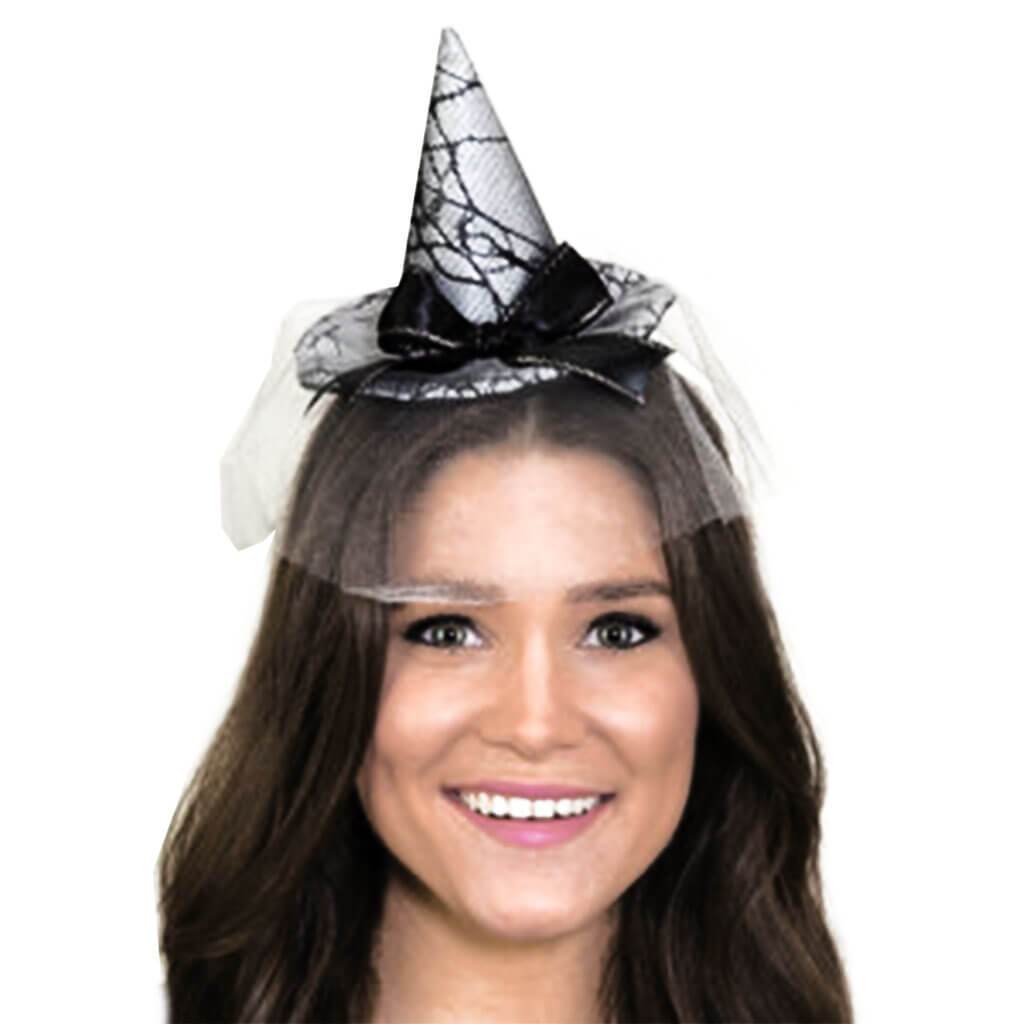 Mini Witch Hat with Veil &amp; Black Bow Silver 