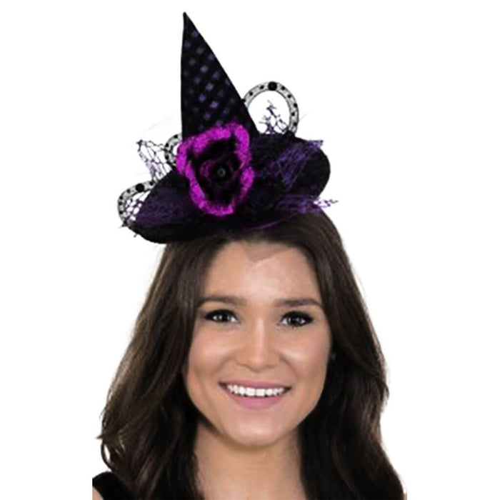 Mini Witch Hat Headband with Purple Web & Flowers 