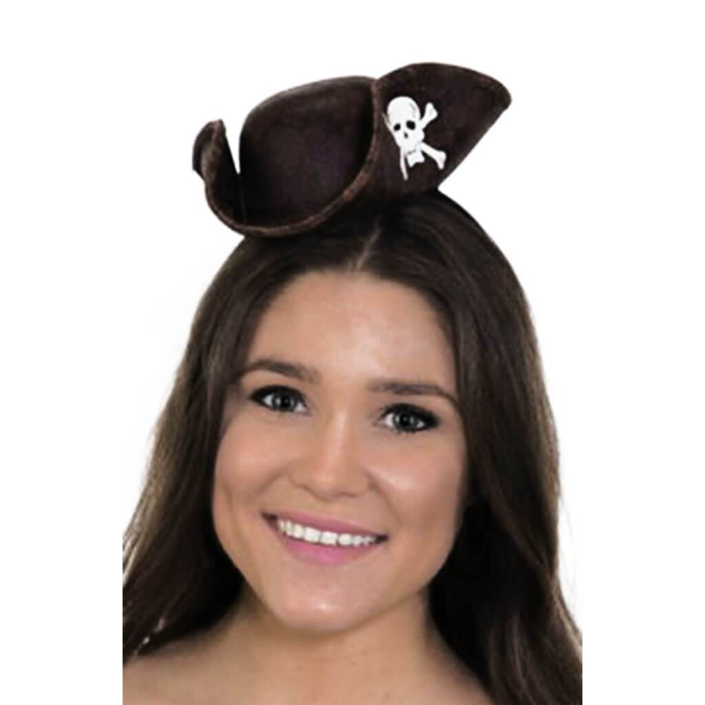 Mini Pirate Hat Headband W/ Skull &amp; Crossbones Brown 