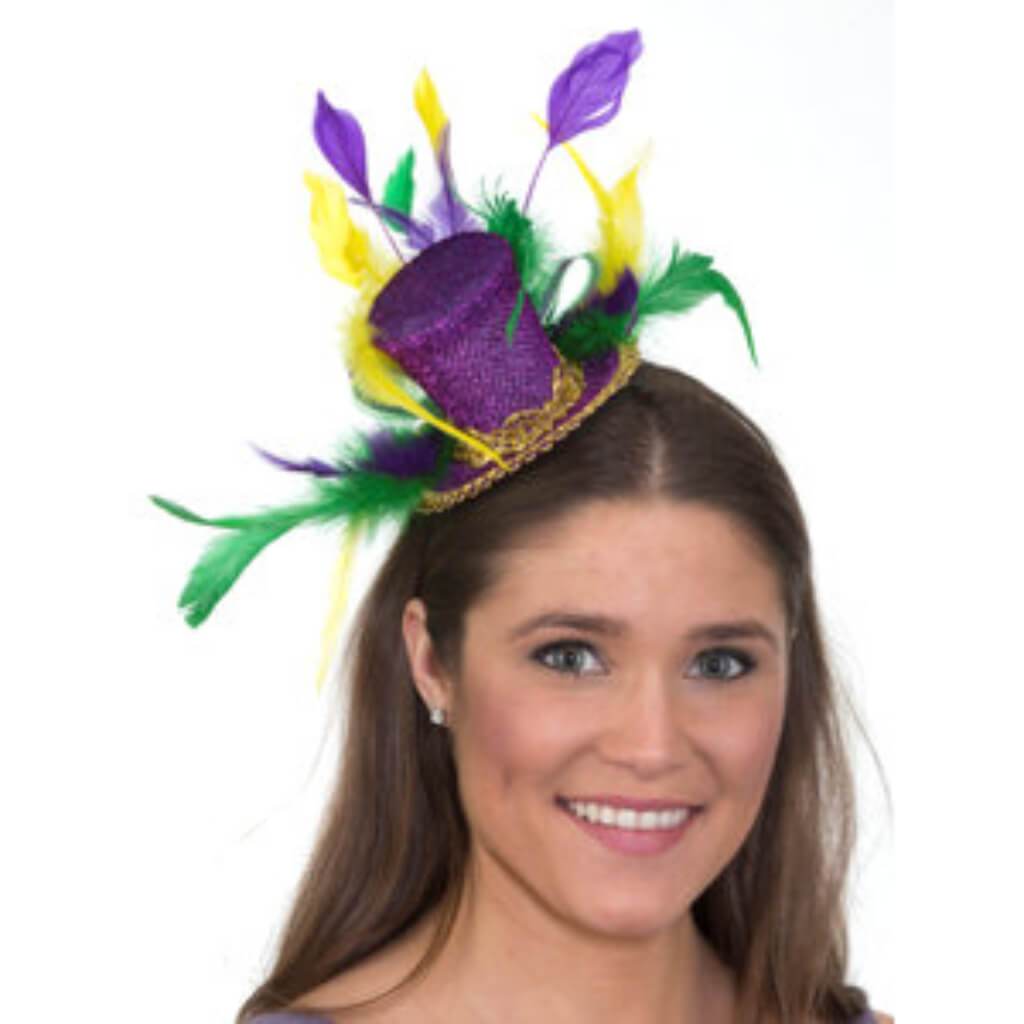 Mardi Gras Mini Top Hat Headband W/Feathers 