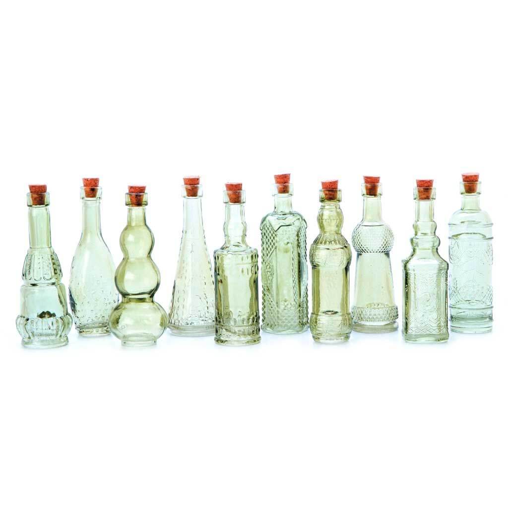 Mini Glass Bottles with Cork Green Oval Body 5in