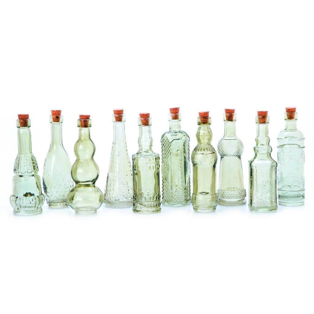 Mini Glass Bottles with Cork Green Dress 5in