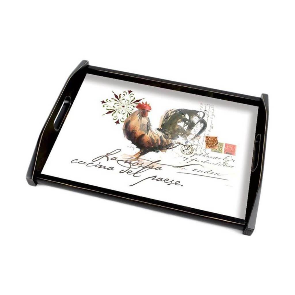 WOODEN TRAY WATERCOLOR ROOSTER 