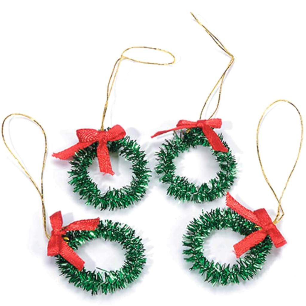 Tinsel Wreaths Green with Red Bow Ornaments 4pcs 