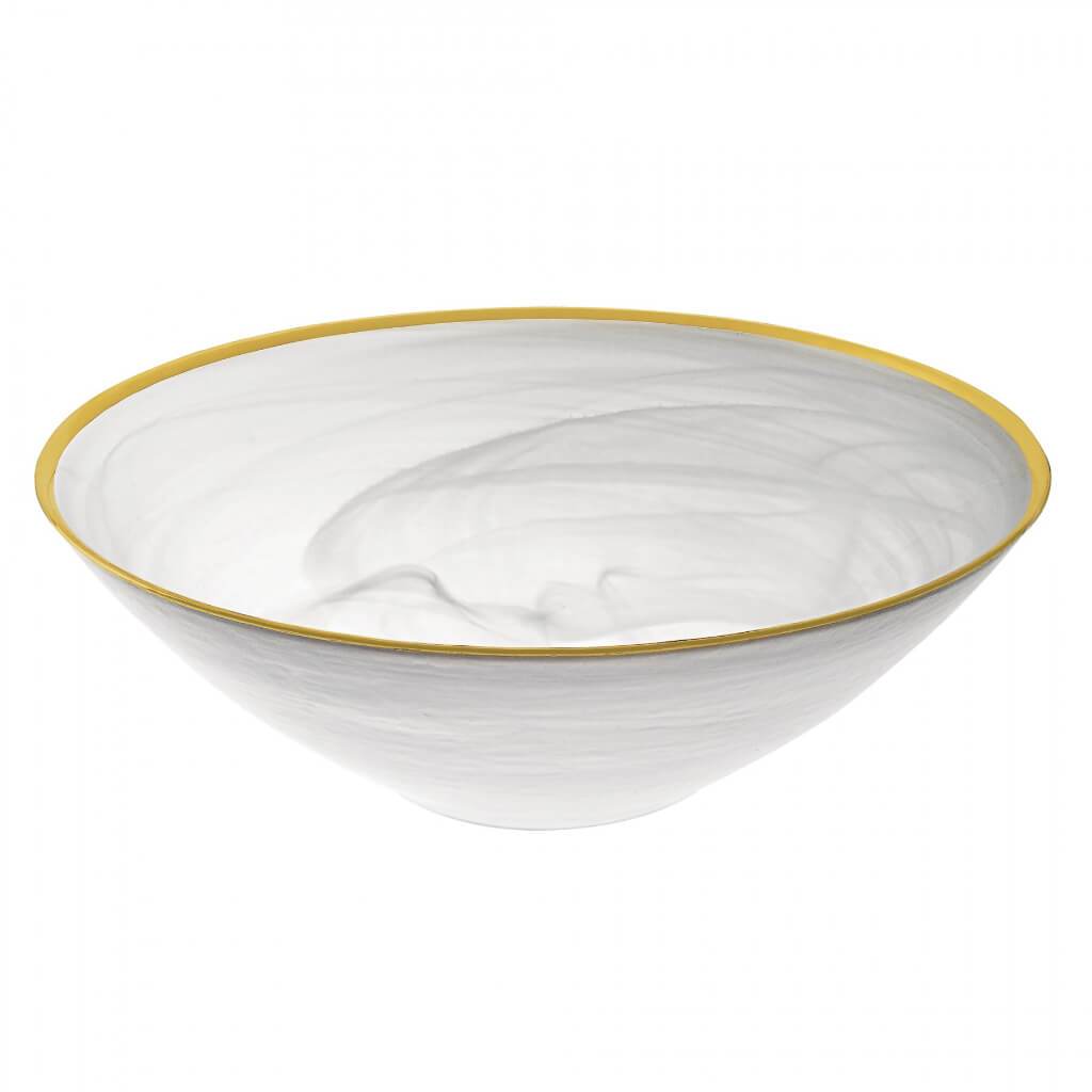 White Alabaster Glass Bowl with Hand finished Gold Trim 12in